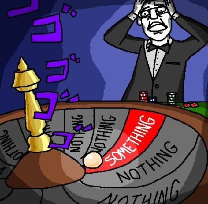 A meme illustration showing a distressed man at a roulette table where nearly every section says 'NOTHING' except for one red 'SOMETHING' section, with Japanese onomatopoeia text suggesting a loud sound.