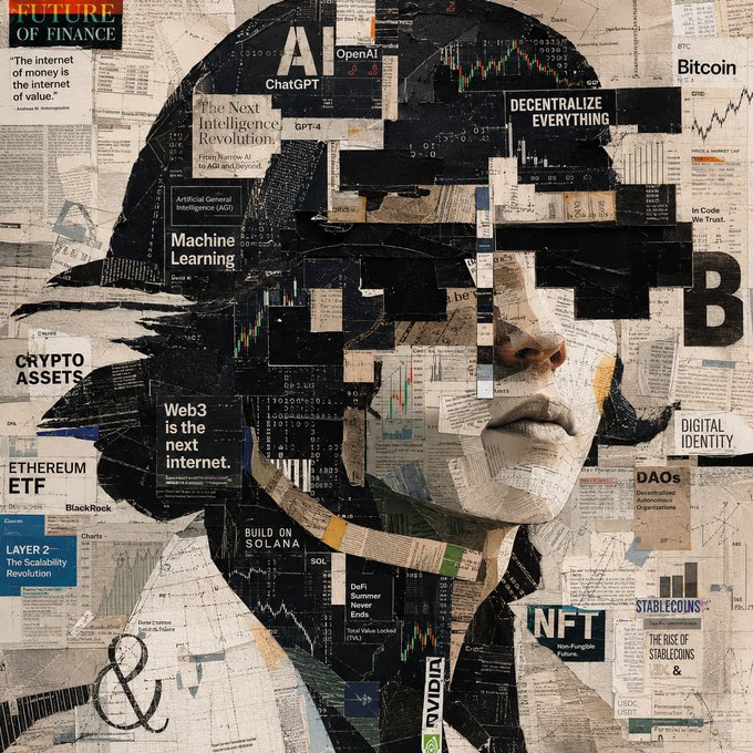 A collage portrait of a face composed of newspaper clippings and text referencing AI, Machine Learning, ChatGPT, Web3, NFTs, Crypto Assets, and Bitcoin.