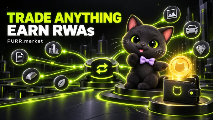 Promotional graphic for 'PURR.market' with text 'TRADE ANYTHING EARN RWAs', featuring a 3D black cat with purple bowtie surrounded by icons of various items (car, diamond, gold, etc.) representing real world assets.