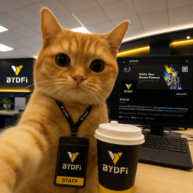 An orange tabby cat wearing a "BYDFi" STAFF lanyard poses at a desk with a branded coffee cup and a monitor displaying the BYDFi Twitter profile ("BUILD! Your Dream Finance," 442 followers). The "gm, coffee before candles" caption fits perfectly—capturing a casual, caffeinated morning greeting before diving into crypto trading.