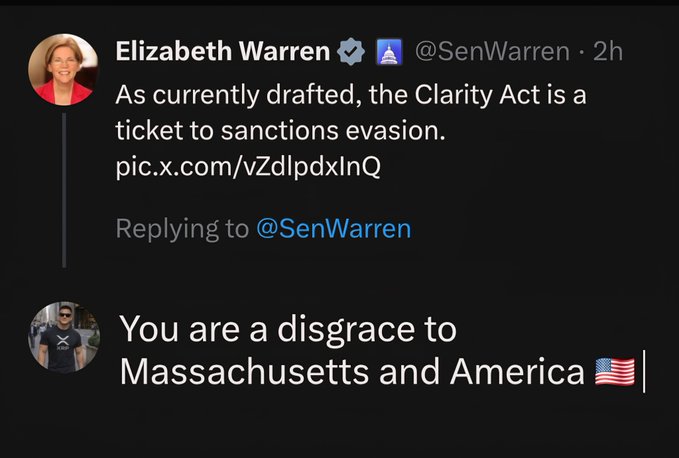 A screenshot of Senator Elizabeth Warren's tweet criticizing the Clarity Act as "a ticket to sanctions evasion," followed by a reply calling her "a disgrace to Massachusetts and America," reflecting the accompanying post's harsh critique of her stance on crypto and alleged ties to banks and pharma over American interests.
