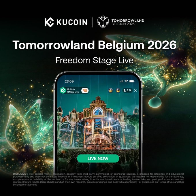 A promotional image for KuCoin's livestream of the Freedom Stage at Tomorrowland Belgium 2026, showing a smartphone displaying the live event with a "LIVE NOW" button, alongside KuCoin and Tomorrowland Belgium 2026 logos. The visual reinforces the post's announcement that the Freedom Stage livestream is available exclusively on the KuCoin App, letting global viewers experience the festival in real time.