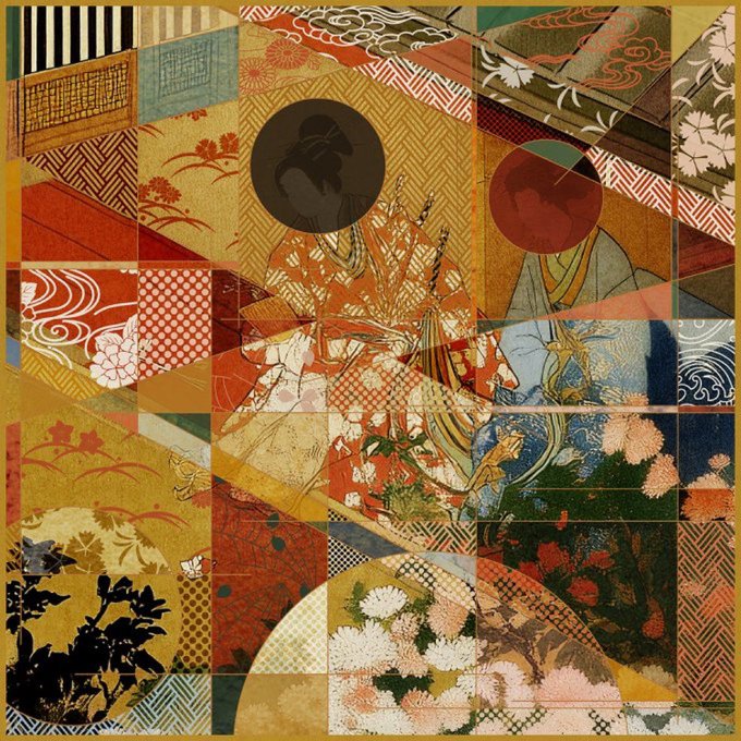 An intricate collage artwork featuring Japanese-inspired patterns, floral motifs, and two figures with dark circular faces set against a gold and red geometric background.