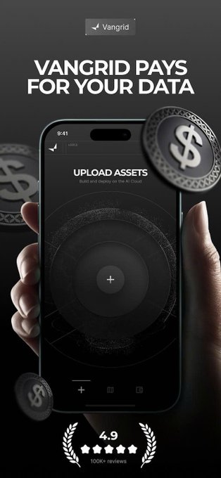 A vertical advertisement for 'Vangrid,' featuring the headline 'VANGRID PAYS FOR YOUR DATA' above an image of a hand holding a smartphone displaying an 'UPLOAD ASSETS' screen, surrounded by floating silver coins with a logo and a badge showing a 4.9-star rating.