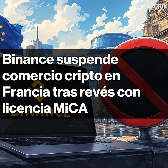 A digital illustration showing a laptop displaying the Binance logo alongside a prominent red prohibition sign and an EU flag, set against a French cityscape. Overlaid Spanish text reads: "Binance suspende comercio cripto en Francia tras revés con licencia MiCA." The visual reinforces the article's headline about Binance suspending crypto operations in France following its failure to secure the MiCA license.