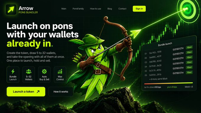 A website landing page for 'Arrow PONS BUNDLER' featuring a cartoon leaf archer character aiming at a target with a stock chart. Headline reads 'Launch on pons with your wallets already in,' with features listed as Bundle Launch, 5-32 Wallets, Auto Buy & Sell, and Max Control.