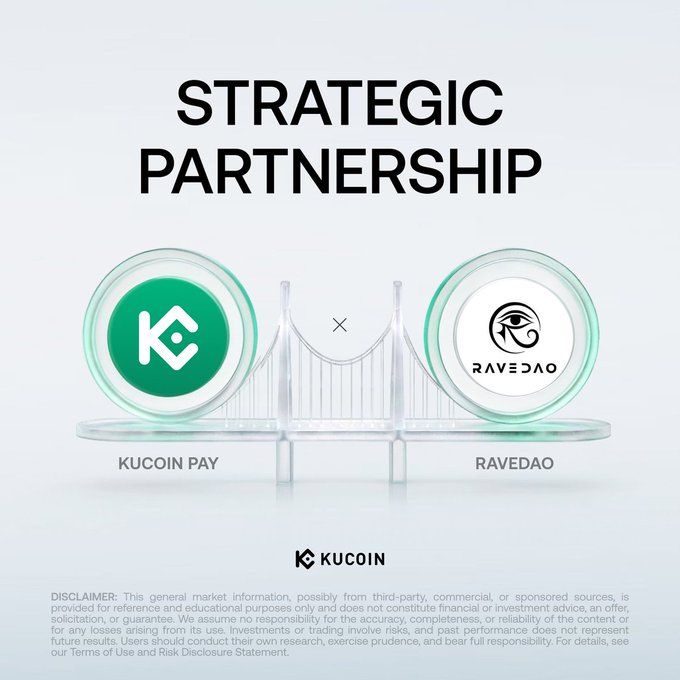 The image is a "Strategic Partnership" announcement graphic featuring KuCoin Pay and RaveDAO logos connected by a bridge illustration, with the KuCoin branding and disclaimer text at the bottom. It visually reinforces the post's announcement of $RAVE's integration into KuCoin Pay for live event payments.