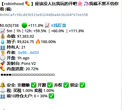 A Chinese-language crypto token analysis for a coin on Robinhood, showing +111.8% gains, $7,383.02 market cap, 21 holders, 100% liquidity, and marked as a 'Pons V2' honeypot risk.