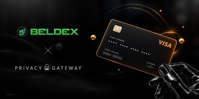 A promotional banner for 'BELDEX x PRIVACY GATEWAY' featuring a black Visa credit card being held by a robotic hand against a dark background with golden orbs.