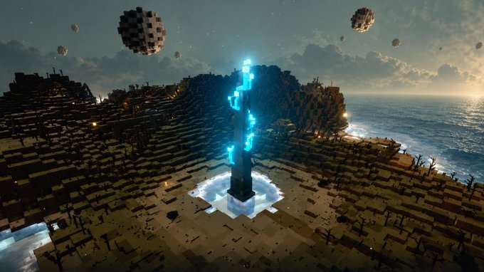 A digital art or game scene showing a tall, glowing blue sword-like structure embedded in a blocky terrain near the ocean, with floating cube structures in the sky.