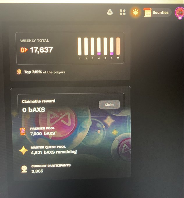 The image shows an Axie Infinity Bounties screen displaying a Weekly Total of 17,637 BP (Bounty Points), placing the user in the Top 7.19% of players, alongside a Claimable reward of 0 bAXS from a Premier Pool of 7,000 bAXS and Master Quest Pool with 4,621 bAXS remaining across 3,865 current participants. This corresponds to the post highlighting the user's current bounty point progress and their goal of breaking into the top 300 rankings.