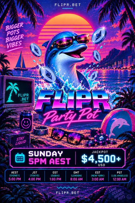 A vibrant promotional poster for "FLIPR Party Pot" featuring a dolphin wearing sunglasses, a sunset, and tropical elements, advertising a Sunday 5PM AEST event with a $4,500+ USD jackpot and time zones listed.