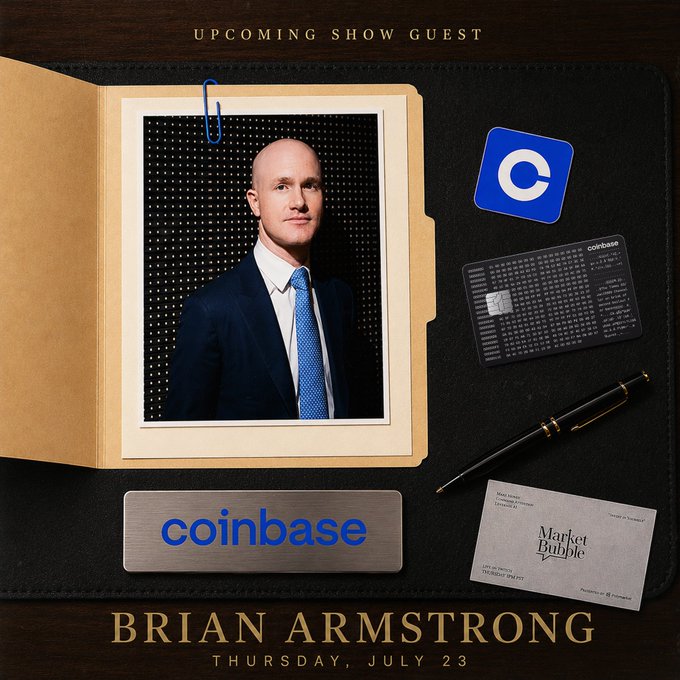The image is a promotional graphic announcing Brian Armstrong, CEO of Coinbase, as an "upcoming show guest" on Thursday, July 23, featuring his photo, a Coinbase business card, the Coinbase app icon, a credit card, a pen, and a "Market Bubble" business card—teasing Coinbase's potential listing of the $ANSEM token to be discussed on the show.