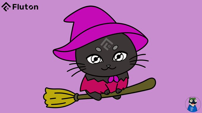 A cartoon illustration of a black cat wearing a magenta witch hat and cape riding a broomstick, branded with the 'Fluton' logo (a crypto/DeFi project) on a purple background, with a small character avatar in the bottom right corner.