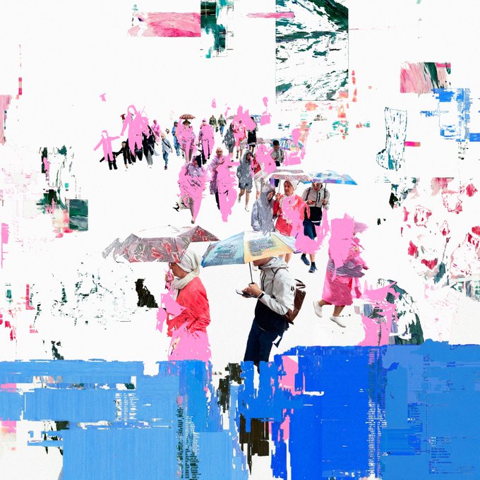 A stylized, mixed-media artwork depicts a crowd of pedestrians with umbrellas, rendered in pink, blue, and white with abstract brushstrokes.