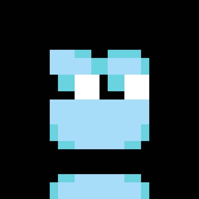 A pixel art rendering on a black background depicts a light blue, cube-shaped character with two large white eyes.