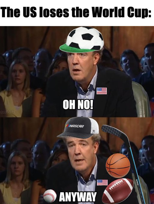 A two-panel meme titled 'The US loses the World Cup:' showing Jerry Springer wearing a soccer ball hat saying 'OH NO!' in the top panel, and a NASCAR hat with sports equipment around him saying 'ANYWAY' in the bottom panel.