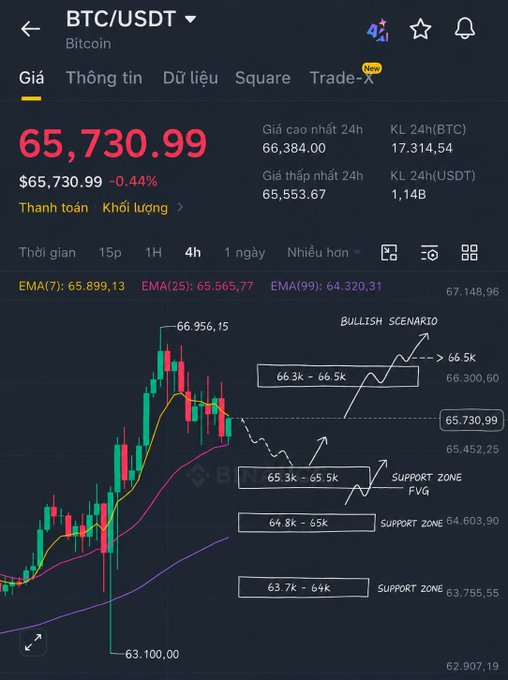 A Binance trading chart for BTC/USDT showing the price at $65,730.99 with a -0.44% change, featuring a candlestick chart with technical analysis annotations including bullish scenario at 66.3k-66.5k, support zone at 65.3k-65.5k (FVG), and support zones at 64.8k-65k and 63.7k-64k.