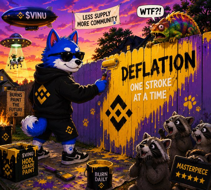 A vibrant cartoon-style promotional artwork featuring a blue dog character in sunglasses and a hoodie painting 'DEFLATION ONE STROKE AT A TIME' on a yellow fence, with '$VINU' references, a 'BURNS PAINT THE FUTURE' sign, and shocked raccoon onlookers.