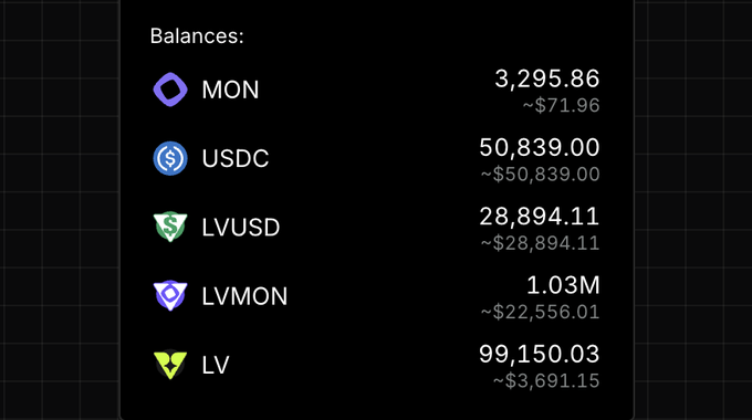 The image shows a computer screen displaying a balance sheet for various cryptocurrencies, including Bitcoin, USDC, LVMON, and LVUSD. The balance sheet lists the amounts of money invested or spent by different users, with each cryptocurrency represented by its own symbol. The text on the screen reads "im at peace after full set collected $MON !" followed by a list of the amounts invested in each cryptocurrency.