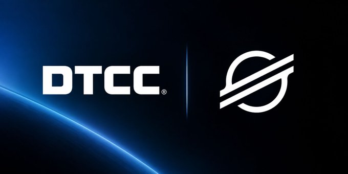 A logo graphic displaying 'DTCC' and the Stellar (XLM) cryptocurrency logos side by side against a dark blue background with a light streak.