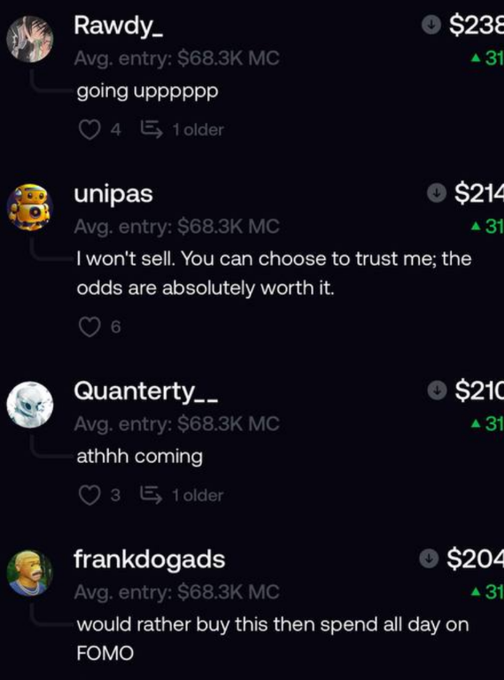A screenshot of four user comments on a trading platform, showing users Rawdy_, unipas, Quanternty__, and frankdogads, all with an average entry of $68.3K MC, expressing bullish sentiment with messages like "going upppppp," "I won't sell. You can choose to trust me," "athhh coming," and "would rather buy this then spend all day on FOMO" alongside prices ranging from $204-$238. The comments align with the "New cabal just dropped" post, reflecting the group's coordinated optimism and shared high entry points.