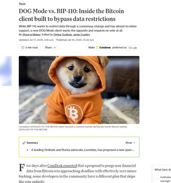 A news article titled 'DOG Mode vs. BIP-110: Inside the Bitcoin client built to bypass data restrictions' by Cointelegraph, featuring a Shiba Inu dog wearing an orange Bitcoin hoodie.