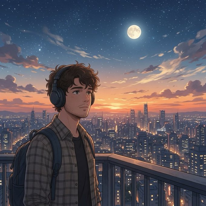 The image features a man wearing headphones, standing on a balcony overlooking a city at sunset. The sky is filled with stars, creating a serene atmosphere. The man appears to be lost in thought or daydreaming as he gazes out over the cityscape. The caption above him reads "Renting blockspace in 2026 is like building a house on someone else's land. One bad governance vote and your rules change overnight." This message seems to be related to the concept of renting space, which could potentially be an apartment or a shared living arrangement within a city block. The image also includes a backpack placed near the man, suggesting that he might be traveling or exploring new places.
