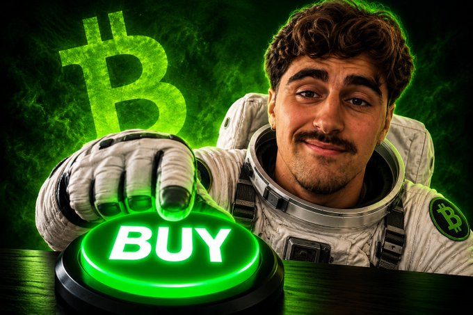 The image, styled like a YouTube thumbnail, shows a person in a spacesuit pressing a glowing green "BUY" button with a Bitcoin logo in the background, visually echoing the post's bullish question about whether a Bitcoin bull market is beginning. The combination of the cosmic imagery and the illuminated "BUY" button reinforces the post's message about a potential upcoming Bitcoin rally.