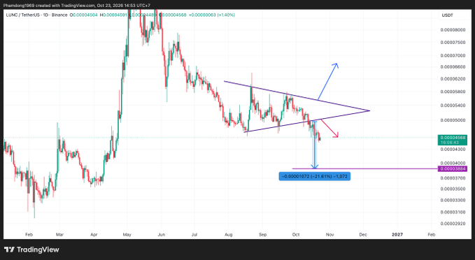 A TradingView chart for the LUNC / TetherUS pair shows a candlestick price chart with purple trendlines and blue and red arrows projecting possible upward or downward moves.