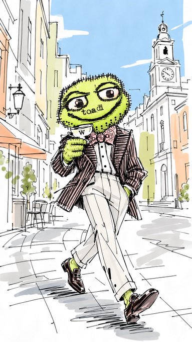 An illustration of a green, toad-like humanoid character wearing a suit, holding a teacup, with the word 'toad' written on its face, walking down a European-style street.