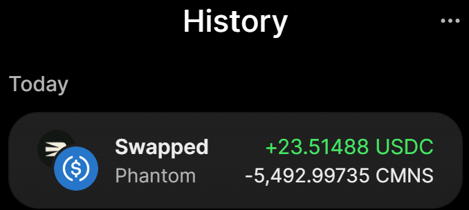 A mobile app history screen showing a swap transaction where 5,492.99735 CMNS was exchanged for +23.51488 USDC via Phantom wallet, supporting the post's claim about cashing out a CommonsMade ($CMNS) airdrop.
