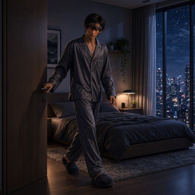 An animated illustration shows a young man with a bandana and dark satin pajamas walking through a modern bedroom doorway, with a city skyline visible through the window.