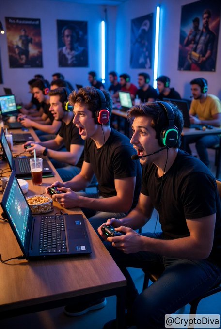 Young gamers wearing headsets play intensely at a gaming café with neon lights and gaming posters on the walls, watermarked @CryptoDiva.