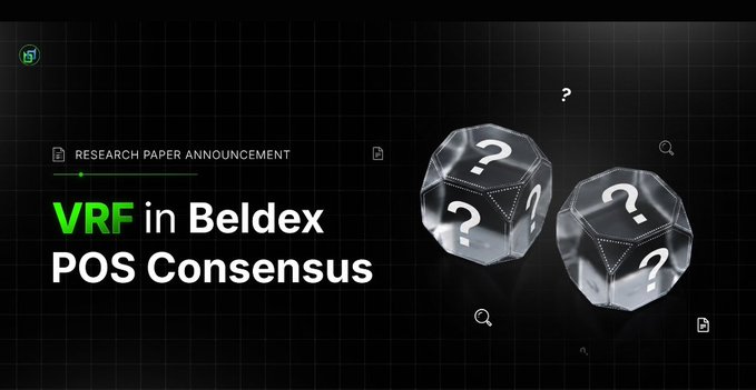 A promotional graphic with the text 'RESEARCH PAPER ANNOUNCEMENT: VRF in Beldex POS Consensus' featuring two glass-like dice with question marks.