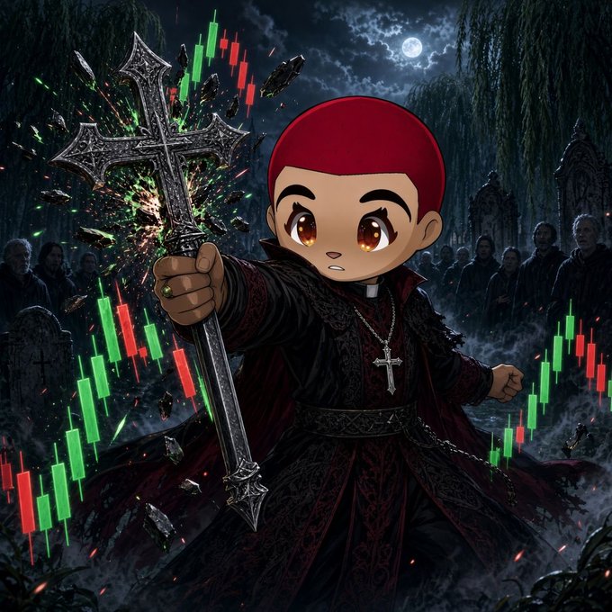An anime-style chibi character dressed as a priest in red and black robes holding an ornate glowing cross sword in a dark graveyard setting, surrounded by green and red trading candlesticks indicating bullish price movement.