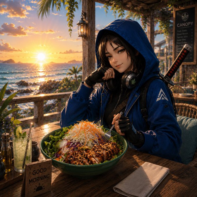 A hooded figure with a sword on their back and headphones around their neck sits at an oceanfront restaurant enjoying a large bowl of food at sunset, with a "GOOD MORNING" sign on the table and a menu board displaying "CANOPY" in the background—visually echoing the message about fueling up before trading and protecting one's energy like capital.