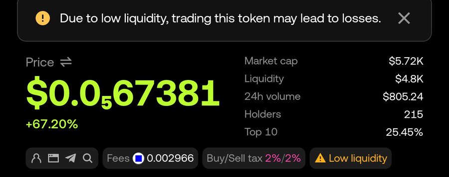 A cryptocurrency token trading interface showing a price of '$0.0₅67381' with a '+67.20%' increase in green. It displays a market cap of $5.72K, low liquidity of $4.8K, 215 holders, and a warning that 'Due to low liquidity, trading this token may lead to losses.'