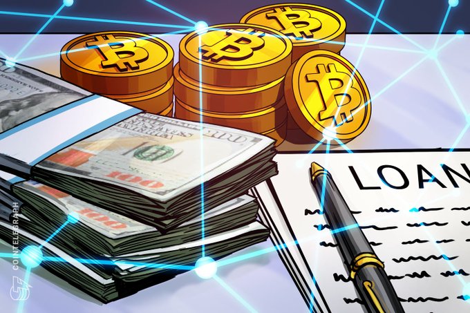 A stylized illustration shows stacks of US $100 bills, gold Bitcoin coins, and a 'LOAN' document with a pen, all connected by a glowing blue blockchain network overlay, credited to Cointelegraph.