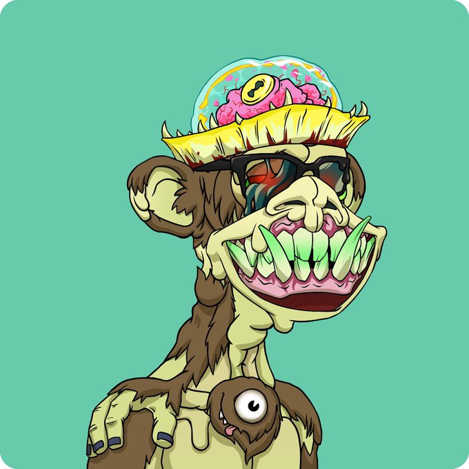 A cartoon illustration of a monstrous green and brown creature with sharp teeth, wearing sunglasses and a backwards cap that has a rainbow-colored exposed brain on top, against a teal background.