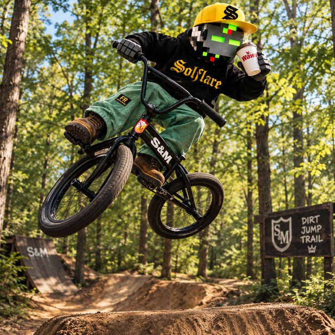 A person wearing a black 'Solflare' hoodie, green pants, and a yellow cap performs a BMX jump at a dirt trail, with their face obscured by a pixelated design.
