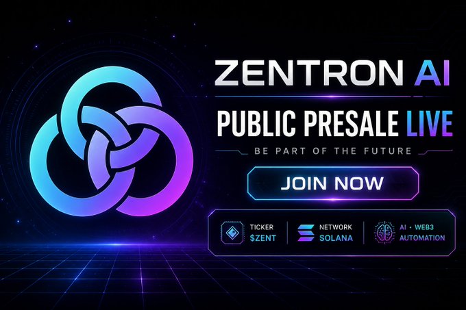 Futuristic advertisement for the ZENTRON AI Public Presale on the Solana network with ticker $ZENT, promoting AI + Web3 automation.