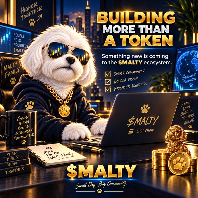 Promotional graphic titled 'BUILDING MORE THAN A TOKEN' for the $MALTY ecosystem on Solana, featuring a white dog in sunglasses at a laptop with text 'Bigger Community, Bolder Vision, Brighter Together' and tagline 'Small Dog. Big Community.'