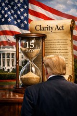 The image features an hourglass counting down 15 days beside a document titled "Clarity Act," with the U.S. Capitol and an American flag in the background, symbolizing the urgent push for the Senate to pass crypto regulation before its September 15 deadline rather than waiting for the recess to end.