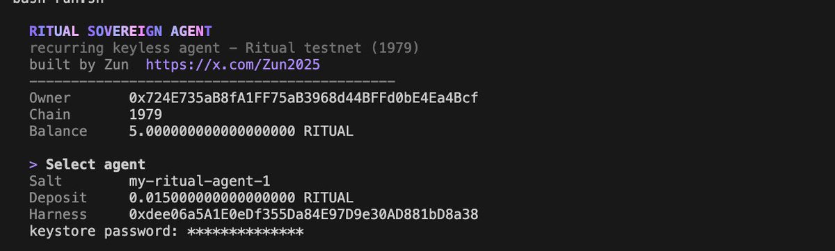A terminal interface displays the "RITUAL SOVEREIGN AGENT" dashboard for the Ritual testnet (Chain 1979), showing an agent named "my-ritual-agent-1" owned by address 0x724E735aB8fA1FF75aB3968d44BFFd0bE4Ea4Bcf with a balance of 5 RITUAL and a deposit of 0.015 RITUAL. The image illustrates the setup process referenced in the post for deploying agents on the Ritual testnet to claim the Genesis Pass role.