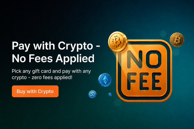 A promotional banner that reads 'Pay with Crypto - No Fees Applied' and 'Pick any gift card and pay with any crypto - zero fees applied!' featuring an orange 'NO FEE' sign, a 'Buy with Crypto' button, and floating Bitcoin, Ethereum, and other crypto coins.