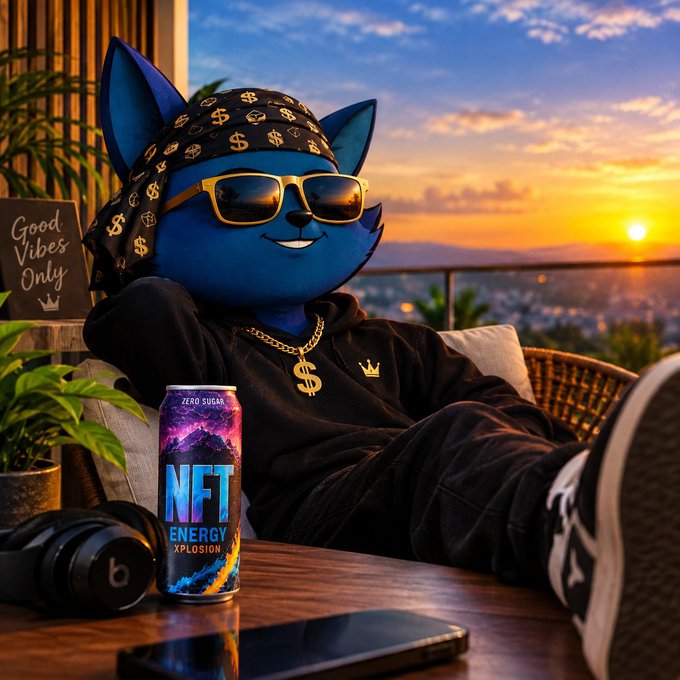 An AI-generated illustration of a blue anthropomorphic cat character wearing gold sunglasses, a black and gold dollar-sign bandana, a dollar-sign chain, and a black tracksuit, relaxing on a balcony at sunset with a can labeled 'NFT ENERGY XPLOSION' (Zero Sugar) and a 'Good Vibes Only' sign nearby.
