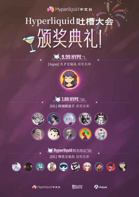 A Hyperliquid Chinese community awards poster titled 'Hyperliquid 吐槽大会 颁奖典礼!' showing prize distributions of 9.99 HYPE x1, 1.88 HYPE x10, and 10 Hyperliquid NFTs to top contributors. The image features logos for Hyperliquid 中文台, Block Create, and Aqua.