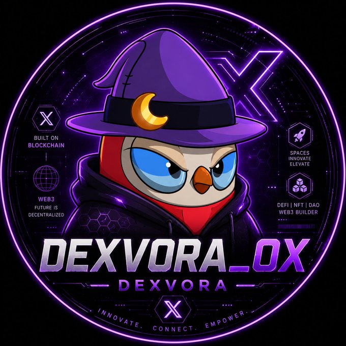 A purple neon-style logo for 'DEXVORA_OX' featuring a hooded owl character in a witch hat, with Web3, blockchain, DeFi, and NFT branding.