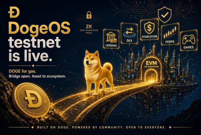 A promotional graphic for 'DogeOS testnet is live' featuring a Shiba Inu dog standing on a bridge leading to an 'EVM App Ecosystem' city, with icons for 'LENDING', 'DEX', 'STABLECOIN', 'PERPS', and 'GAMES', and text 'DOGE for gas. Bridge open. Asset to ecosystem.'